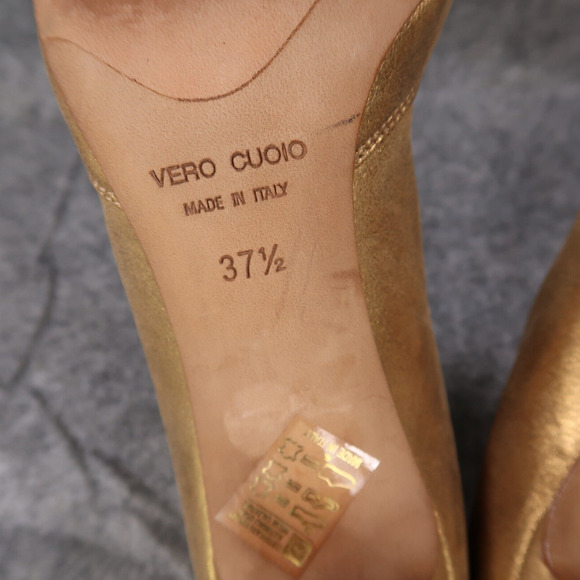 Gunmetal Shoes Womens 37.5 Pumps Fashion Stiletto Point Toe Leather Gold Formal - Picture 15 of 16